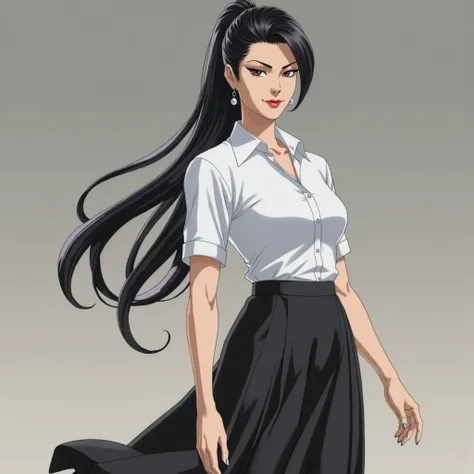 Mature anime girl, pale skin, sexy face, long untied black hair, white sleeveless shirt, black wide knee-length skirt, tall, front look, white high heels 