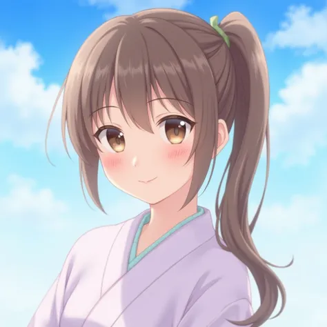 one girl, solo, long hair, looking at viewer, smiling, brown hair, brown eyes, mouth closed, upper body, ponytail, outdoors, kimono, sky, daytime, clouds, kimono, blurry, blue sky, lips, blurry background, portrait, realistic,