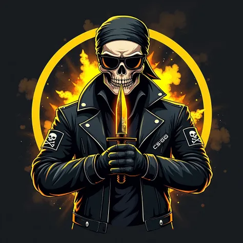 ((Masterpiece)), (ultra-detailed), ((logo art-style)), (8k resolution), A **CS:GO-themed logo** featuring a **skull-headed badass character** wearing an **open-button black leather jacket**, a **bandana with a skull ornament**, and **tactical CS:GO-style s...