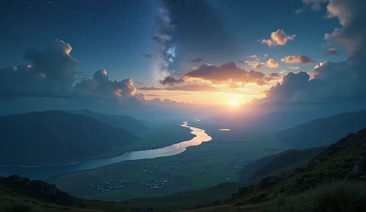 An arcane and majestic landscape :  two great rivers flow amidst vast fertile plains ,  under a starry sky that mixes with the first rays of dawn.  The atmosphere is full of mystery ,  as if the gods were watching from above 