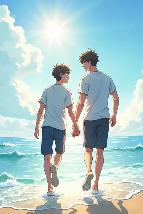  There were two boys holding hands running on the shore ,  they turned their faces towards each other smiling . They were college students . Lets draw in manhwa style and let the color light up a little.