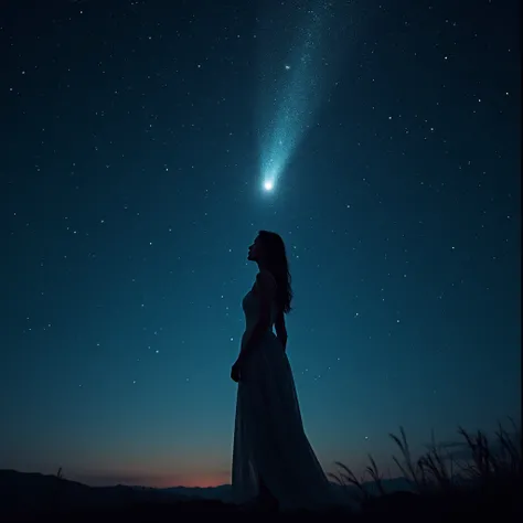 "A woman standing beneath a vast, starry sky, her gaze drawing the stars closer. The night is velvet, deep and infinite, filled with shimmering constellations that seem to move in response to her presence. Her eyes reflect the stars, glowing softly with an...