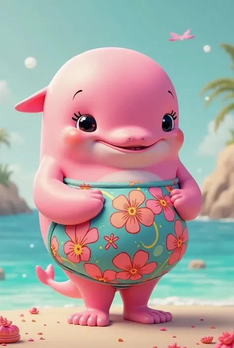 Pink whale in a short swimsuit
