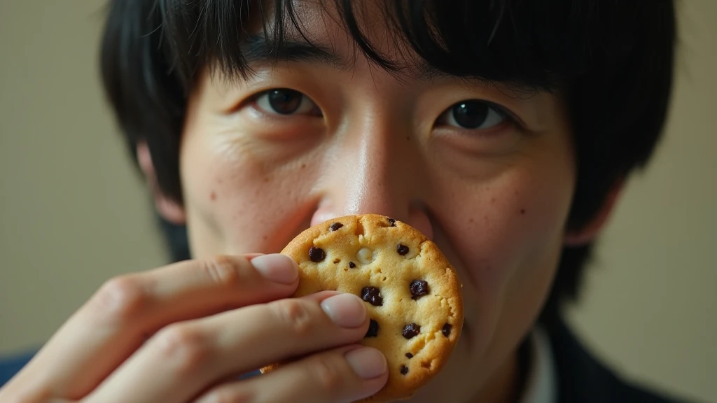 there is a man holding a cookie up to his face, gregg araki, yoshitaka, up close shot shinji aramaki, araki, still from a live action movie, steven jung, shichiro kobayashi, yoji takeshige, miyamoto abduzeedo, kazuya takahashi, hirohiko araki style, kojima