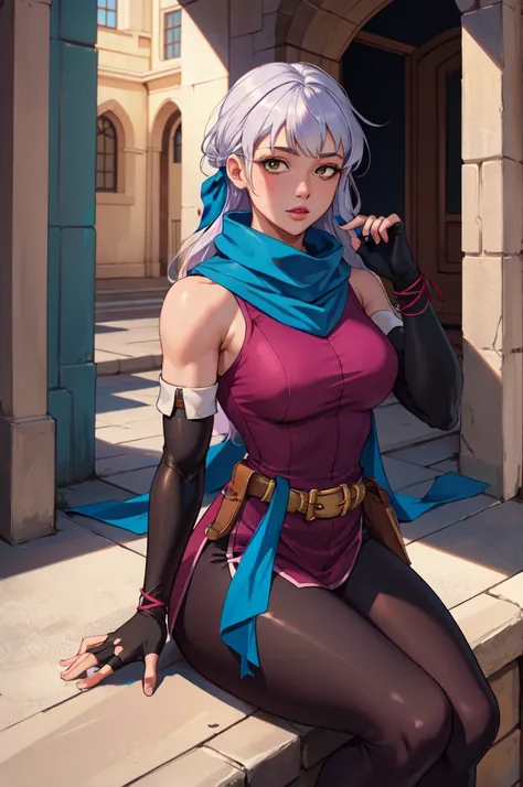 (masterpiece,best quality,absurdres,beautiful,aesthetic,detailed),outside,1girl,epfemicaiah,sitting,sleeveless dress, side slit, sleeveless,bare shoulders, blue scarf,black leggings, elbow gloves,belt,fingerless gloves,hair ribbon  