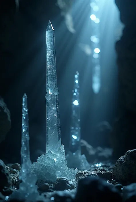 crystals dripping down on floor, dark background