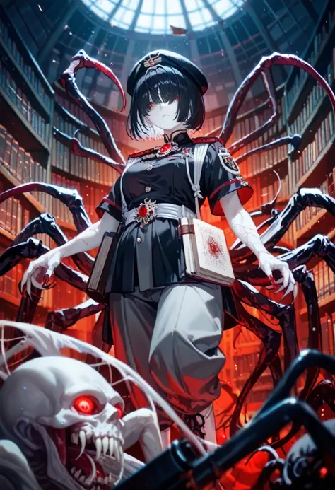 1girl, jorogumo, (((pale skin))), black hair, white bangs, multicolored hair, hair over eyes very short hair, medium breasts, long arms, claws, thick legs, red eyes, eyes glowing, big belly, eldritch tatto, tatto on belly, tatto glowing red, black uniform,...