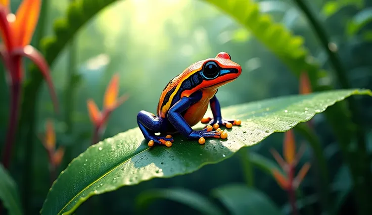 A brightly colored poison dart frog perched on a leaf, surrounded by vibrant jungle plants, with a faint hint of danger in the air.