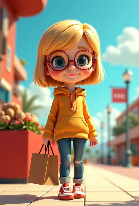 

A cute animated cartoon girl, 57" with a slim and smart body, has gold straight short hair, big eyes, and a small upturned nose. She has a symmetrical face, white skin, and wears circle-shaped glasses. With a good personality, posture, and a peaked level...