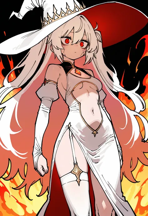 (ssambatea:0.7), (ekrea jan:0.9), 1girl, solo, cracked skin, white hair, very long hair, big hair, (two side up:0.8), hair between eyes, red eyes, white dress, long dress, front slit, single thighhigh, white thighhigh, garter strap, clothing cutout, underb...