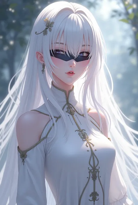 An anime female elf cleric with a white hair wear a full white shirt and eye covered by a black ban and was covered by white veil