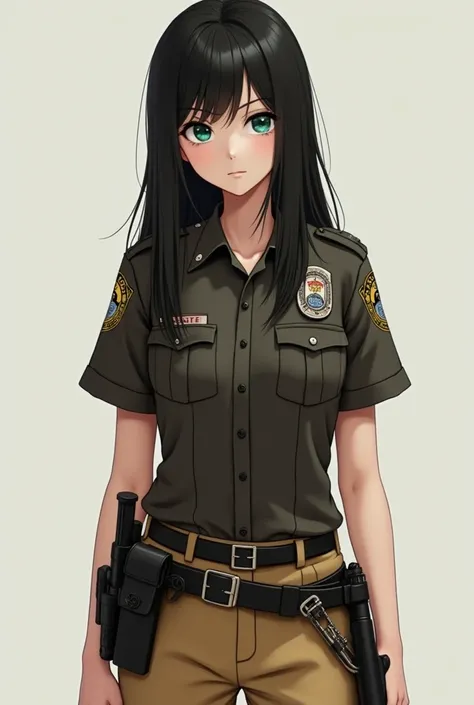 A tall girl with straight black hair, She is tall with straight black hair , with green eyes and white skin , She is wearing police uniforms . with green eyes and white skin , She is wearing police uniforms  con un pantalón color aceituna y una camisa colo...