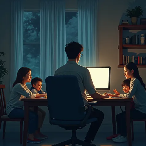 a person who is at a computer and the family at a separate table