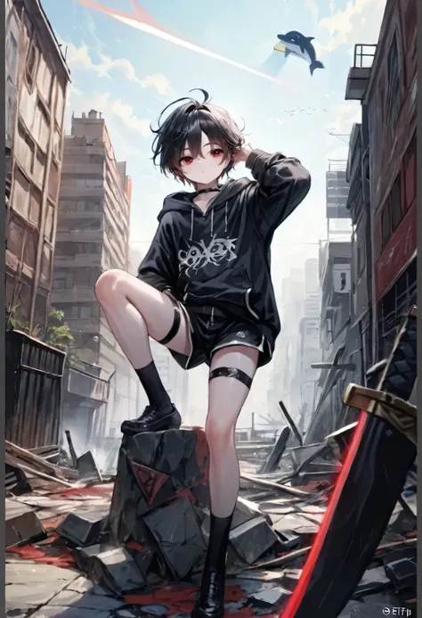 ((최고의 품질)), ((걸작)), (상세한), 완벽한 얼굴, SOLO, 1 BOY, SHOTA, ANIME, beautiful detailed eyes, BOB hair, BLACK hair, red EYES, BARE thighs, (((BARE LEG))), ((BLACK Dolphin shorts)), (((Hoodie))), Flat chest, Choker, expressionless, (Thigh strap),RUIN CITY, buildin...