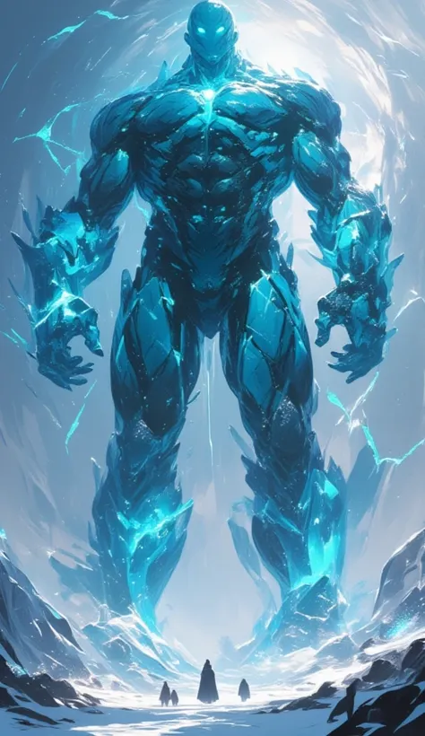 A colossal titan encased in translucent ice, its glowing blue eyes barely visible. Snow swirls violently around the frozen figure, illuminated by faint silver moonlight. Small explorers stand at its feet, dwarfed by its immense size and power