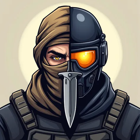 ((Minimalist logo art-style)), (inspired by Counter-Strike: Global Offensive universe), A **dramatic split-face design** logo. The **left side** features the **classic terrorist face**, with a rugged **desert scarf** wrapped around the head, showcasing a *...