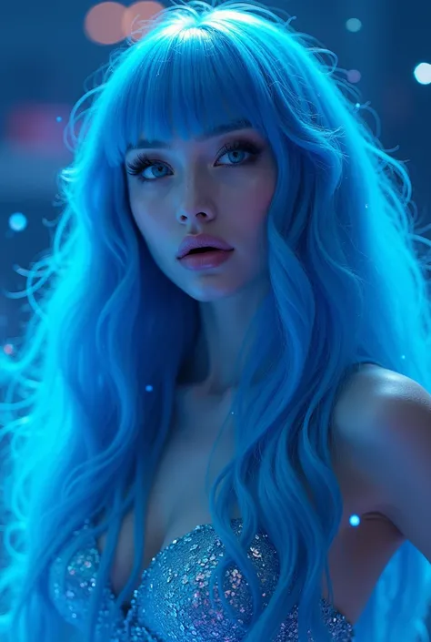 caucasian bimbo woman, 1girl, singing, beautiful detailed blue eyes, beautiful detailed blue lips, extremely detailed face, long eyelashes, blue music idol dress, blue hair, high quality, highly detailed, photorealistic, (best quality:1.2), (realistic:1.37...