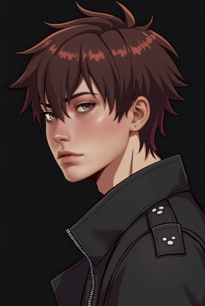 1 man, brown hair wolf cut with dark red tips. hair ends at the nape of the neck, eyebrow piercing, portrait, slightly sideways, indifferent facial expression, masculine facial features, brown eyes, unsaturated colors, dark background, punk oversize jacket...