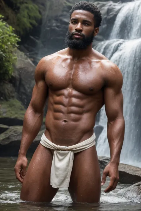 A photo of a robust muscular black African warrior with a chiseled muscular physique standing in a waterfall. The warrior has a handsome bearded face with a strong jawline and shoulder-length dreads..His body is wet from the water pouring on his body. He w...