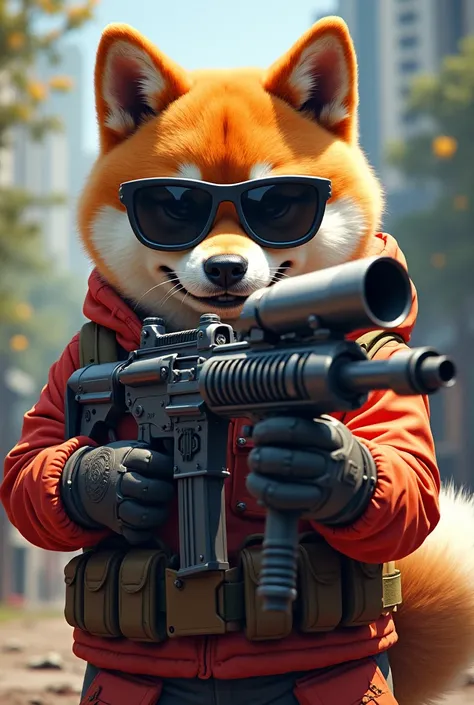 In this image we see a Doge  ,  using dark glasses and Paintball equipment ,  dog holding a sophisticated Paintball gun 