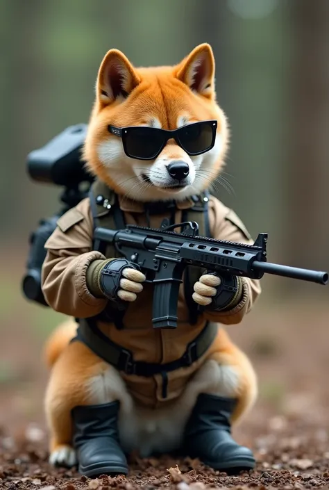 In this image we see a Doge  ,  using dark glasses and Paintball equipment ,  dog holding a sophisticated Paintball gun  ,  His black boots 