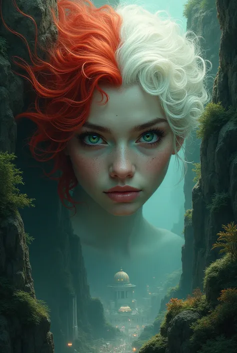 
 Create a book cover where one with half red hair and half white hair and green eyes falling from an abyss at the bottom of the abyss has a city half ruins and the other half a city like a beautiful dome full of technologies.
Book name :  Impure
Subtitle ...