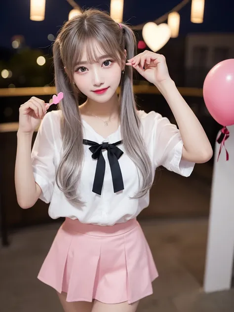 Full body:1.9, Highest quality, shape, Very detailed, finely, High resolution, 8k wallpaper, perfect dynamic shape, Beautiful and beautiful eyes, Body up:1.9, (( cute idol costume 、 heart motif 、 pastel pink、race、Shake it、 twin tails、 heart shaped balloon ...