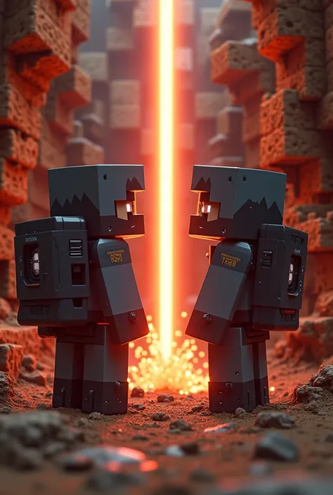 Image of a Pixelgun character looking to the left while another one looks to the right with a laser looking through a wall of dirt like super detailed Minecraft