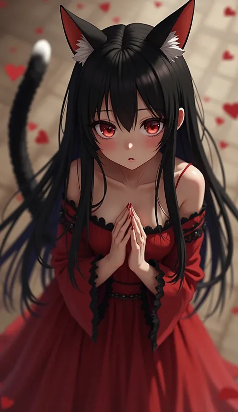 masterpiece, best quality, ultra realistic photo, 16year old, 1cute girl has cat ear, black absurdly long hair, red eyes, black cat tail, bellydancer, look at viewer, looking up, (bashful:1.4), best hand, from front, from above