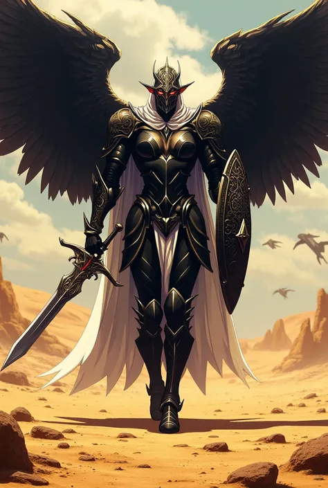 Black Seraphim robot with wings (4K), (Detailed), Full body, Walking in the desert of war, Detailed carvings on armor, carrying an ancient carved sword and shield