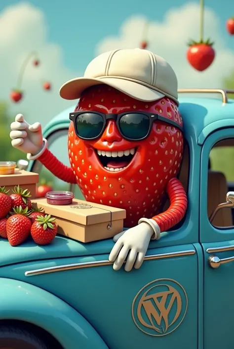 Humanoid strawberry fruit with a face , arms,  driving inside a Volkswagen half-sided blue beetle with fruits drawn in the setting,  half-sided white cap and dark sunglasses , y arms con guantes blancos, laughing and carrying boxes and containers with jams...