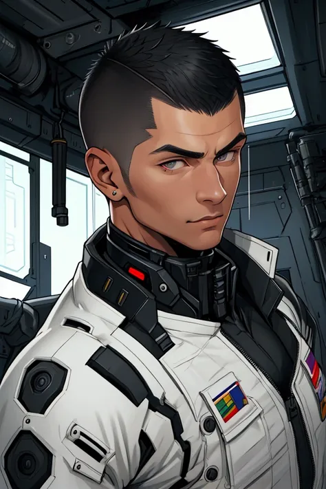 Japanese-Caucasian man, masculine man, black hair, high and tight military-style crew cut, clean shaven, dark gray eyes muscular man, futuristic clothes, black tactical suit, military suit, dark spaceship interior, facial focus, portrait