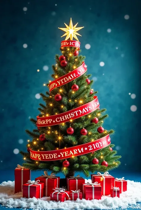  Create independent high-quality Christmas images, which include a 20cm x 30cm Christmas tree with a red ribbon with the UZTEKECOM Happy new years 2025 , Reno, present, Santa clause,  shooting star ,  Christmas tree with a red ribbon with the phrase UZTEKE...