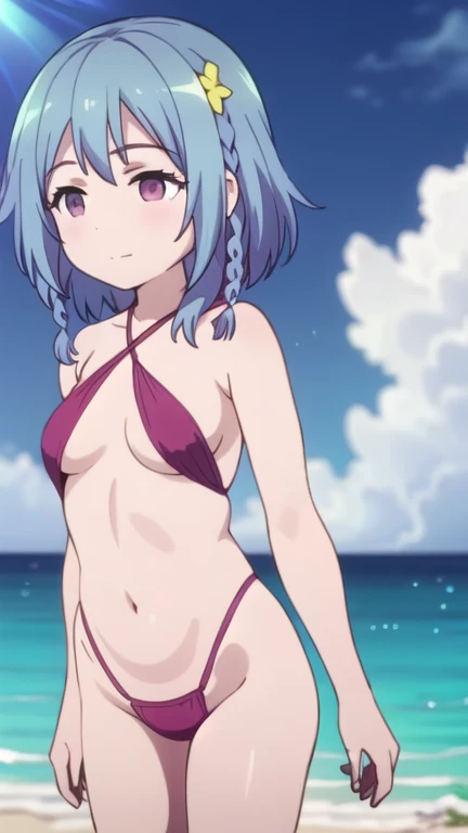 A girl, alone, light blue hair, short hair, braids, purple eyes, sonrisa, slingshot swimsuit, beach, 