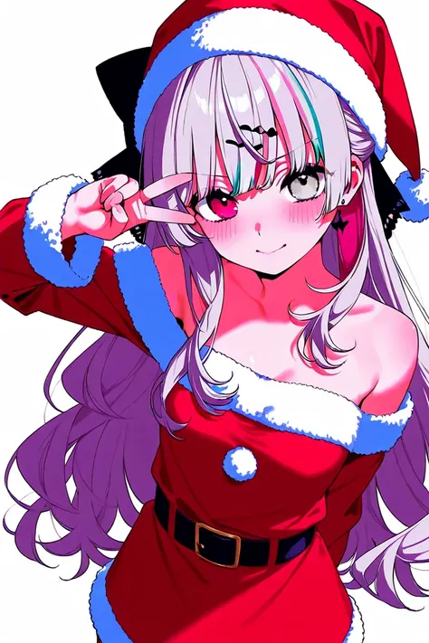 high quality,ishigami nozomi,v sign,small breasts,simple white background,heterrochromia,red  eye,gray eye,blush,santa costume,bare shoulders,belt,cowboy shot