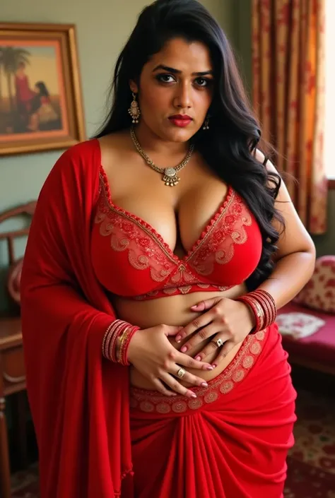 Fit, Red saree VEIL, Big lips, full body picture , BBW Wet curvy, wet Desi woman showing her big ass  in sexy THONG pattern sexy  lingerie and showing cleavage and in nose ring, many bangles in hands,earings, necklace ,lipstick ,navel,Indian, Chubby, showi...