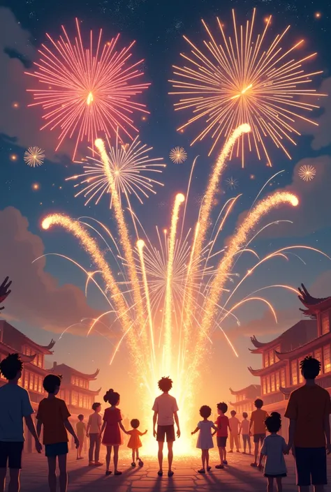 Give me an image where there are fireworks and fireworks saying goodbye to the year 2024 and welcoming the new year 2025. The images must show ren burning gunpowder and adults sharing with the family.