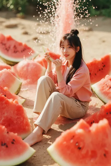 A real scene where there is a beautiful Korean woman,smooth white skin,,black hair in a Korean-style bun ,light red shirt, knee length cargo pants , white undershirt, smiling looking at the camera ,sitting on the slice, some watermelons, watermelon water s...