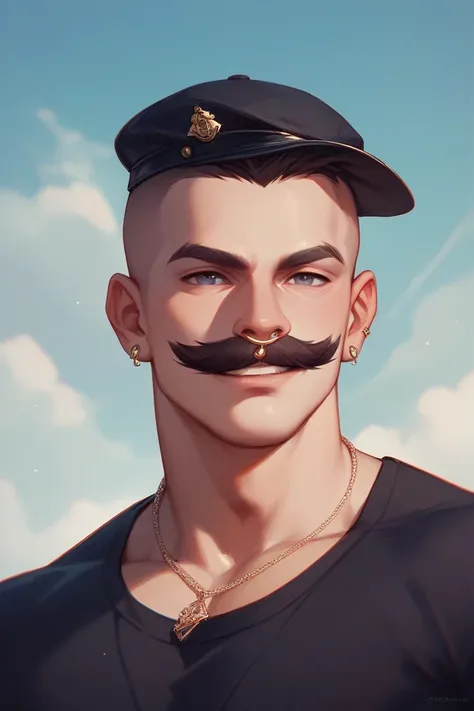 A man with shaved hair, wearing a black sailor cap, an ear gauge and a nose piercing, he has a mustache and goatee, he is wearing a black shirt, he has a cheerful look