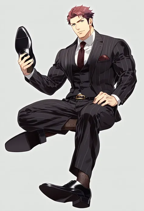 male focus, muscled male, solo, ikemen, mature, male only, tough man, bold, eyes fix, flat chest, sturdy waist, 50 years old, split toe crocodile blucher shoes, collared shirt, tie, three piece suit, belt, slacks, tight clothes, whole body, sitting, invisi...