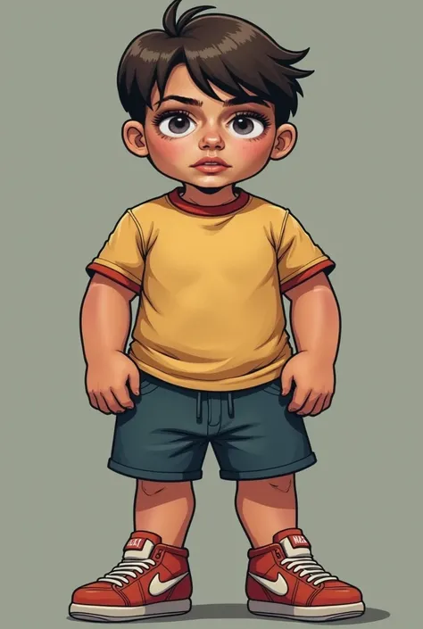  A burly boy with short hair and a serious expression that hides his kind side.  He usually wears sports t-shirts and shorts .  He has a small scar on his right eyebrow that gives him a somewhat rebellious air .  He speaks little , but his presence is reas...