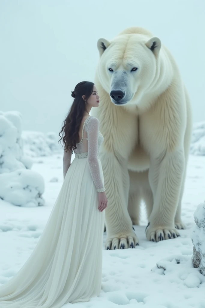 A woman in white with a very large white bear in the snow is facing the camera very close