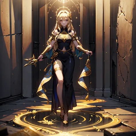 (((masterpiece, best quality, high detailed, 16k))) (1girl) A luminous woman with glowing golden armor, her hair shining like beams of sunlight. She carries a staff of pure light, and her aura radiates warmth and healing. Wherever she steps, the world brig...