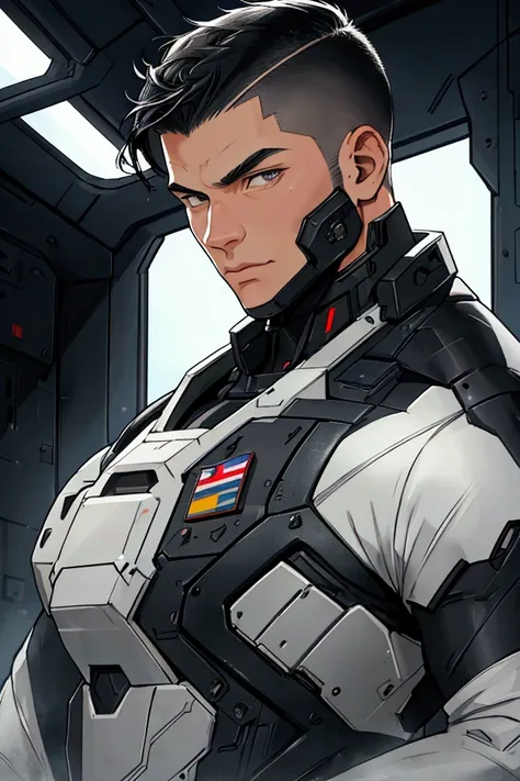 Japanese-Caucasian man, masculine man, black hair, high and tight military-style crew cut, clean shaven, dark eyes muscular man, futuristic clothes, black tactical suit, military suit, dark spaceship interior, facial focus, portrait