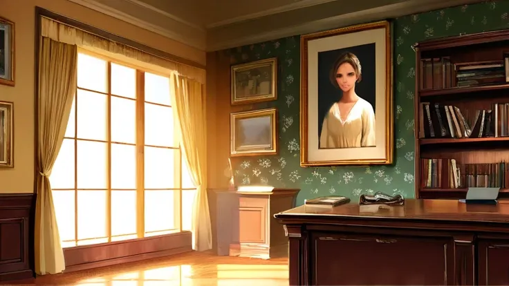 a detailed, beautiful woman in a study room, elegant vintage desk, bookshelves, large window, warm lighting, intricate wallpaper, photorealistic, cinematic, highly detailed, 8k, award-winning digital art