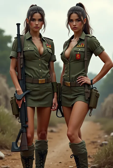 Two english female soldiers, aged 20s, beautiful and attractive, military uniform and miniskirt, no cap, exposed cleavage, victory, confident and serious, looking downward at viewer, woman on the right puts her hand on her hip in a confident stance, woman ...