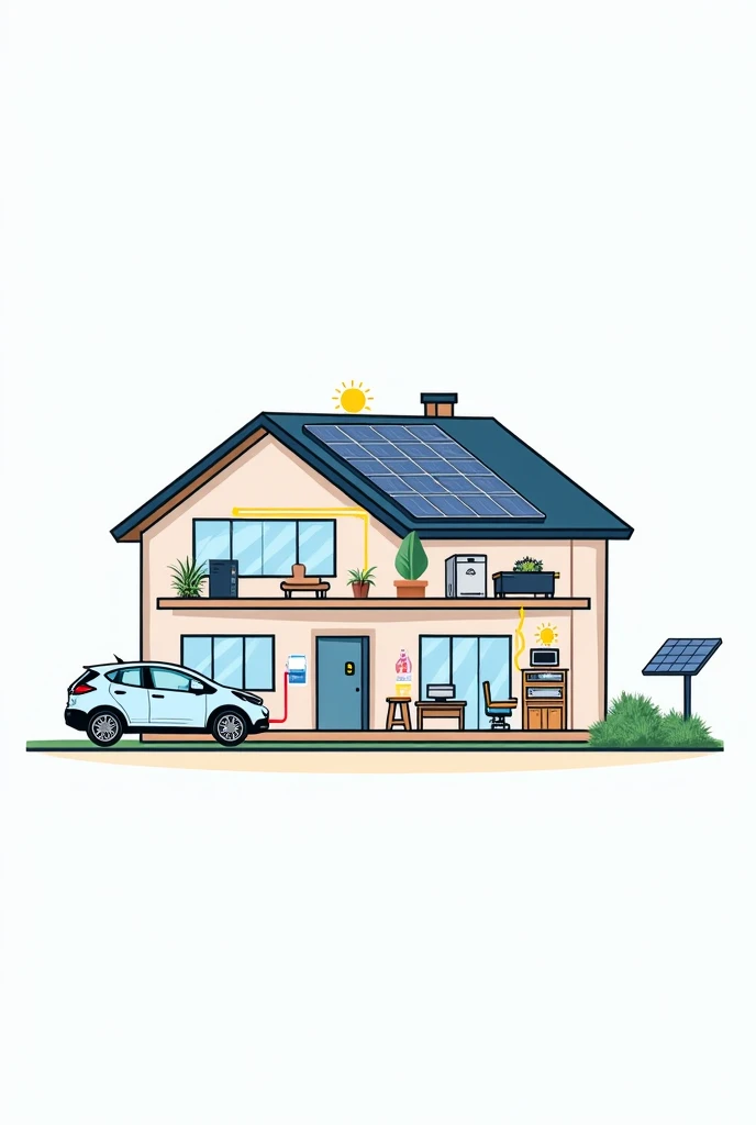  This image represents an illustrative diagram of a house equipped with a photovoltaic solar energy system .  On the top of the roof you can see photovoltaic solar panels and a solar thermal collector .  Photovoltaic panels generate electricity ,  while th...