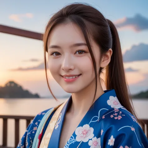 one girl, solo, long hair, looking at viewer, smiling, brown hair, brown eyes, mouth closed, upper body, ponytail, outdoors, kimono, sky, daytime, clouds, (((coming of age photo))), kimono, blurry, blue sky, lips, blurry background, portrait, realistic,