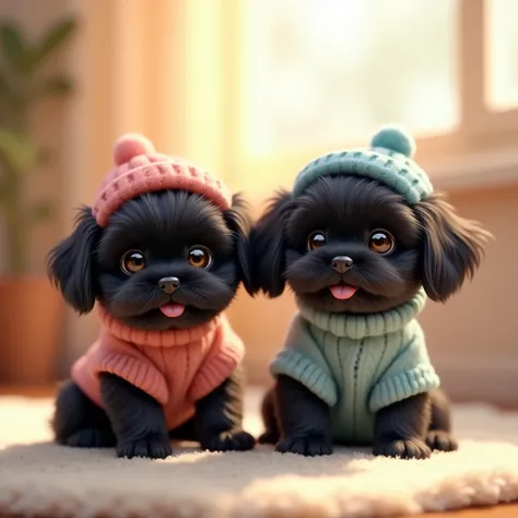 cute adorable black shih tzu puppies Wearing cute clothes、Light is shining from the front