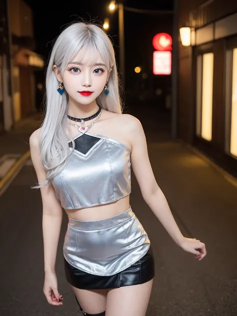 Full body:1.9, Highest quality, shape, Very detailed, finely, High resolution, 8k wallpaper, perfect dynamic shape, Beautiful and beautiful eyes, Body up:1.9, ((  Sexy Idol Outfit 、 heart motif 、black、 tight skirt、 shoulder out、 boots、Red Lip、Heart-shaped ...